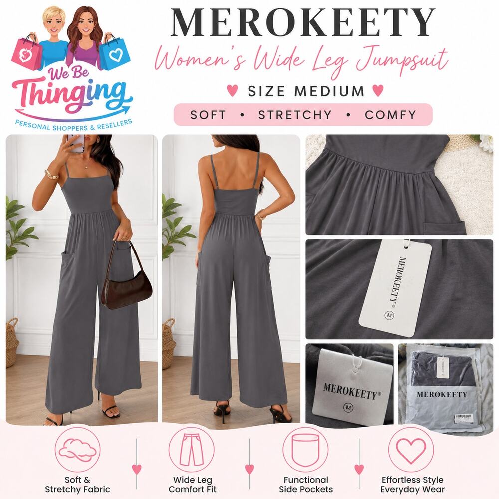 Merokeety Women's Wide Leg Jumpsuit Gray Medium Sleeveless Pockets NWT